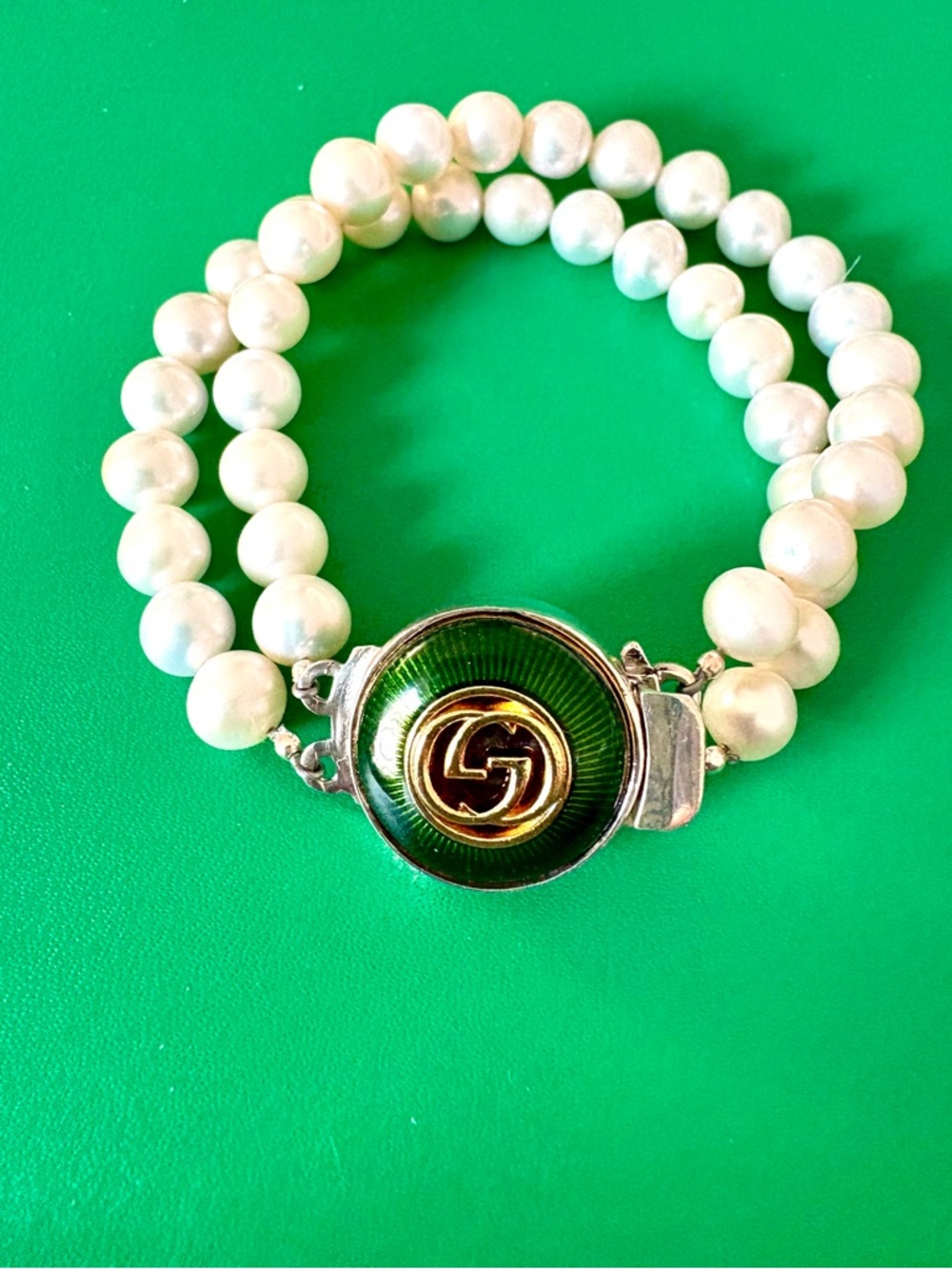 Val Colbert Pearl and Vintage Gucci Button Bracelet with Sterling Surround Clasp